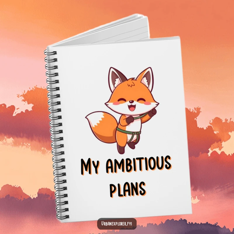Funny kawaii notebook with an enthusiastic fox using a grappling hook to ascend a wall, ready to record plans.
