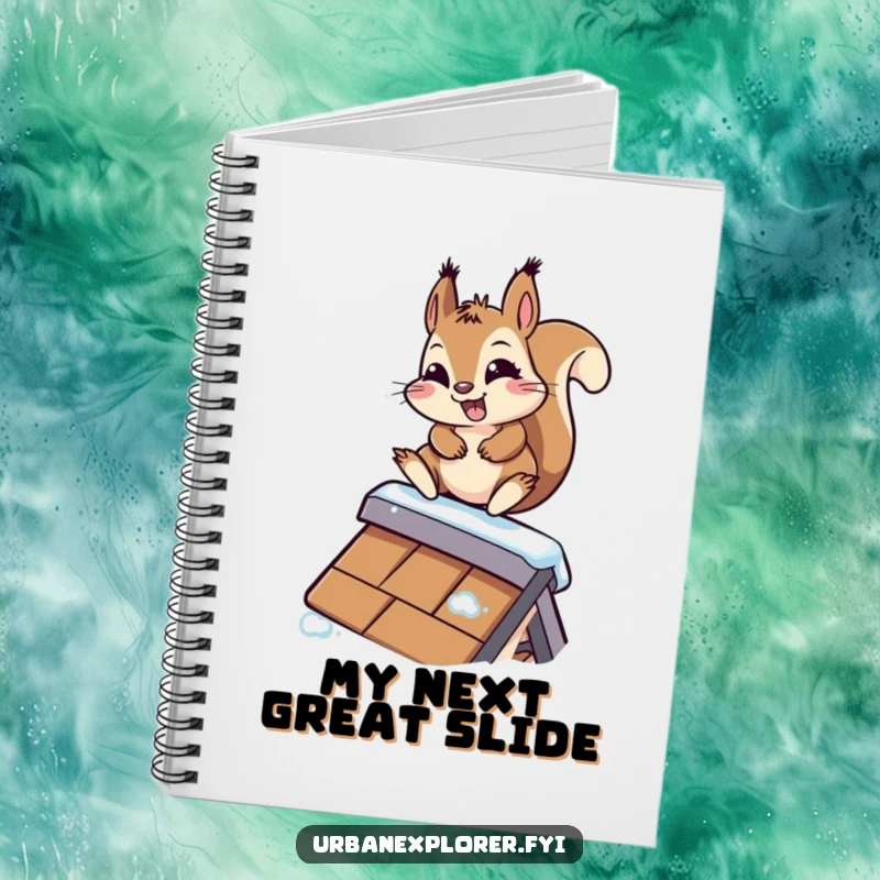 Funny Kawaii Squirrel Notebook: A determined kawaii squirrel slides down a rooftop, perfect for jotting down funny thoughts and plans.