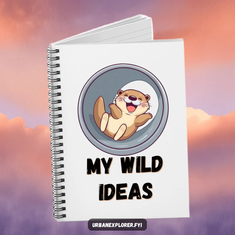 Funny joyful otter with a wide grin, sliding down a drainage pipe, a humorous notebook for notes and plans.