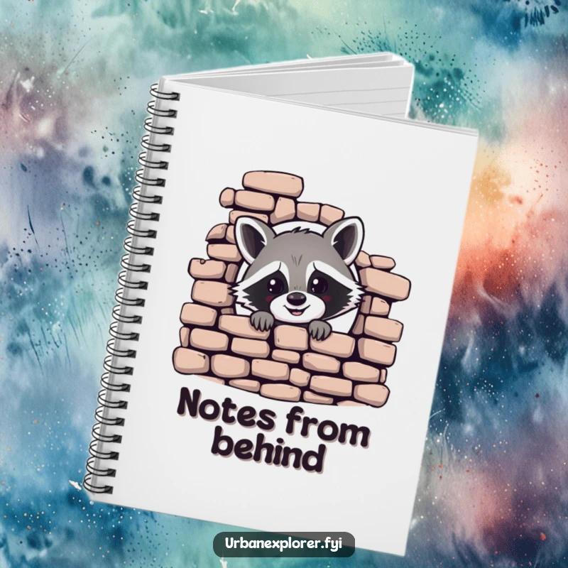 Funny notebook featuring a cheerful raccoon peeking from a crumbling brick wall, ideal for jotting down notes and ideas.