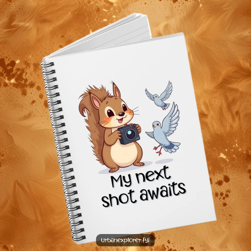 Funny squirrel with a camera, humorously capturing a pigeon in flight, on a notebook cover.