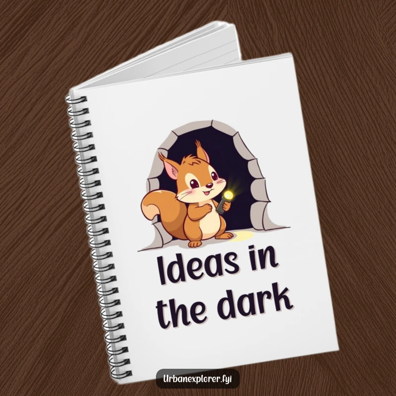 Funny squirrel notebook with a brave explorer and flashlight, ready to document thrilling discoveries behind a dark door.