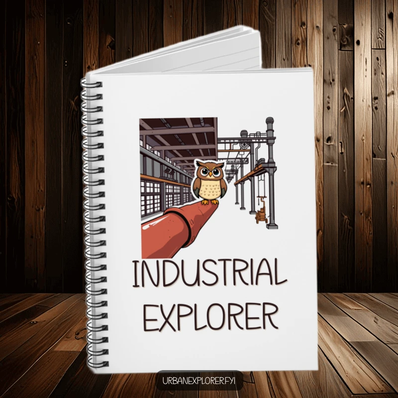 Cheerful owl perched on a rusty pipe in an industrial complex, writing in a notebook, a humorous scene.