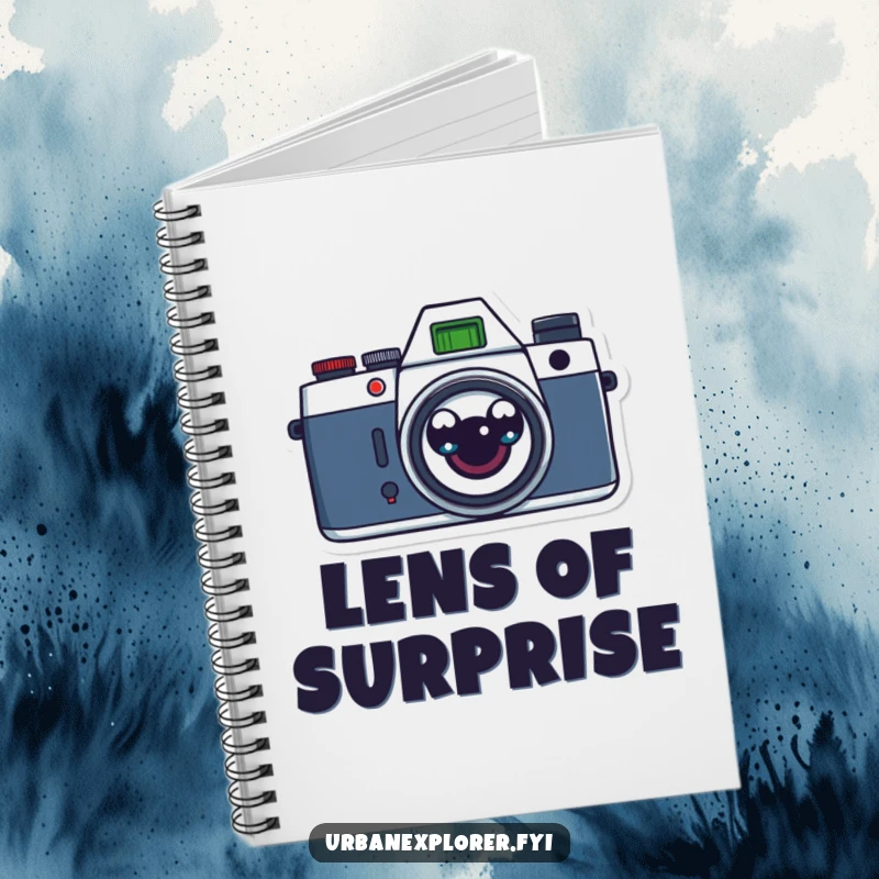 Funny retro camera with surprised cartoon eyes on a notebook, perfect for capturing creative ideas with vintage humor.