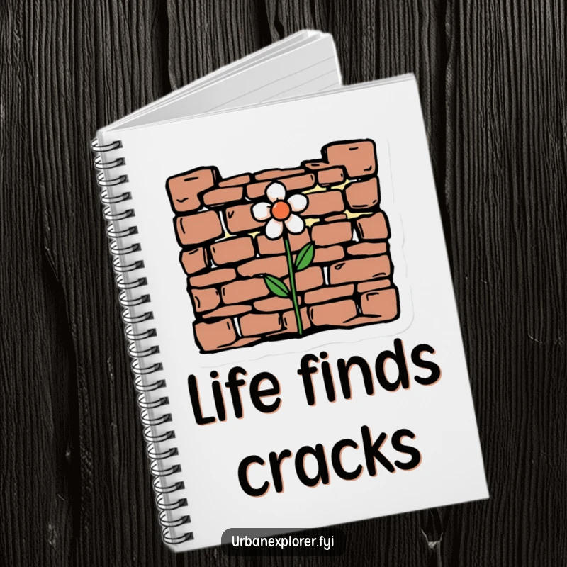 Funny minimalist drawing of crumbling brickwork with a flower on a notebook, perfect for capturing ideas with natural humor.