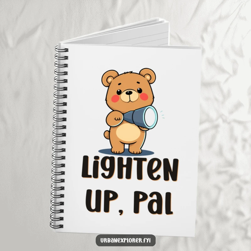 Funny Chibi bear holding a flashlight, illuminating a notebook page in the dark, perfect for capturing ideas with humor.