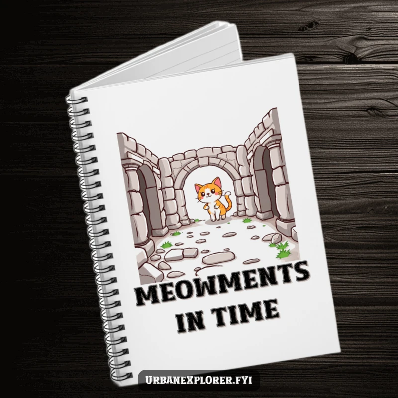 Funny Cat Notebook: A lighthearted cartoon cat with a notebook, navigating the ruins of a historical place, inspiring creativity.