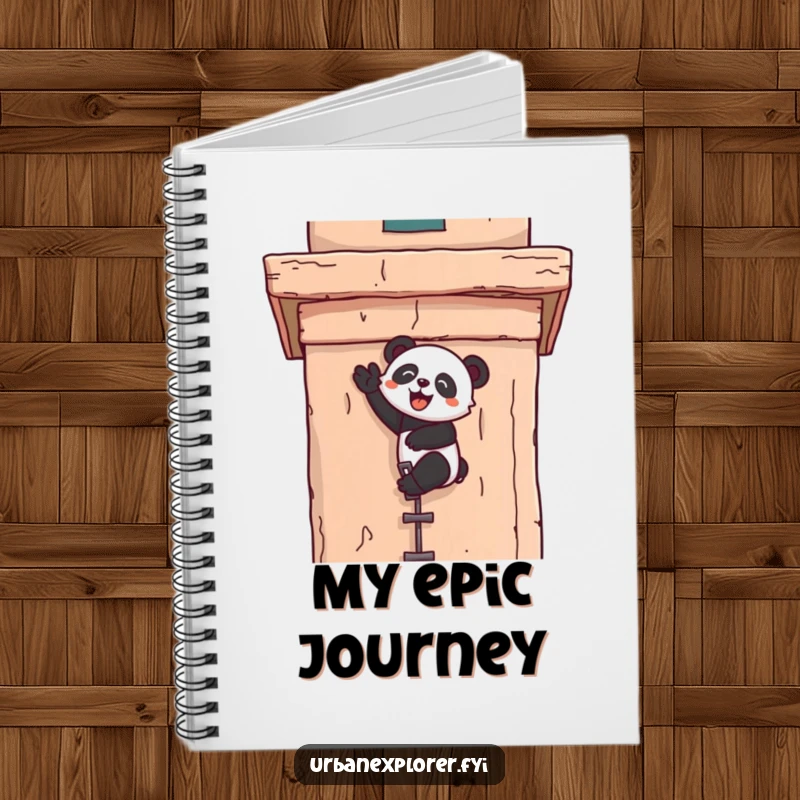 Funny kawaii notebook with a panda joyfully scaling a weathered building facade, ready to record ambitions.