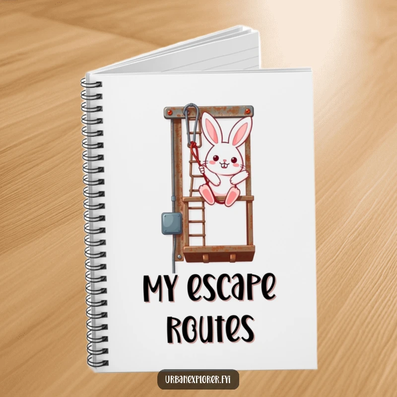 Funny Kawaii Bunny Notebook, cute bunny rappelling down a rusty fire escape, for notes and ideas, perfect funny gift.