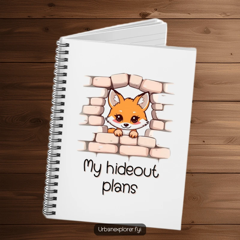 Funny Kawaii Fox Notebook, cute fox peeking from a brick wall, ideal for writing and drawing, perfect funny gift.