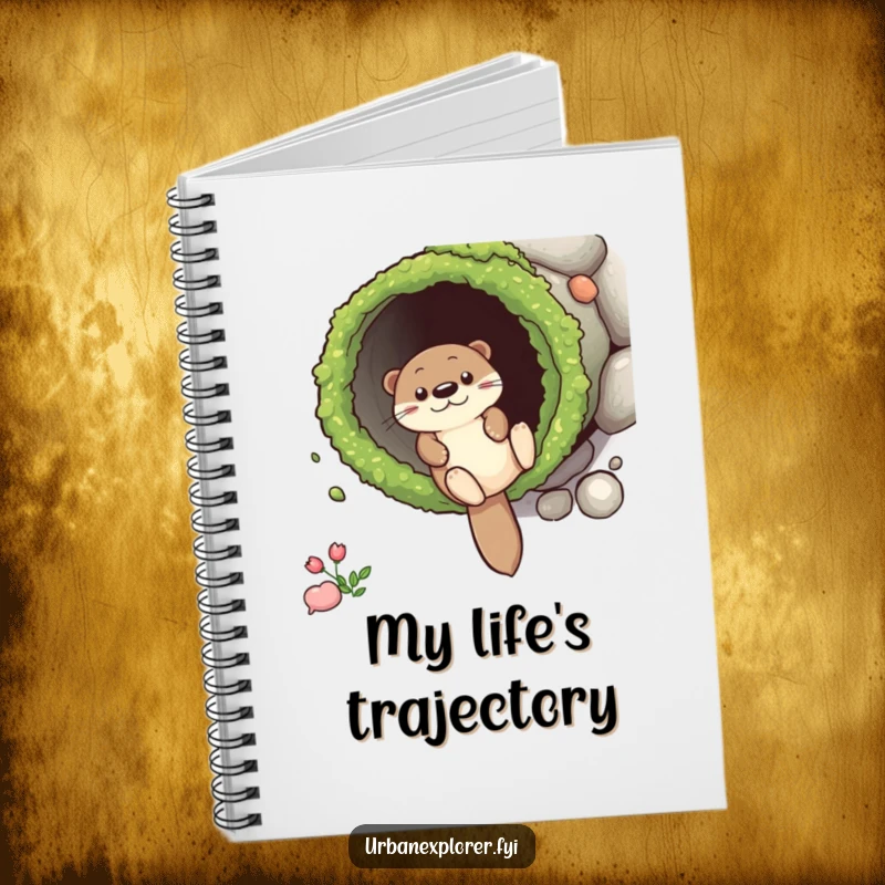 Funny Notebook featuring a playful otter character sliding down a mossy drainpipe, ideal for capturing notes and sparking creative, fun ideas.