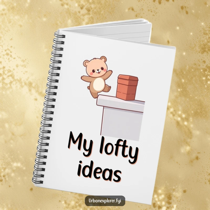Funny Kawaii Bear Notebook, cute bear balancing on a rooftop edge, for notes and ideas, perfect funny gift.
