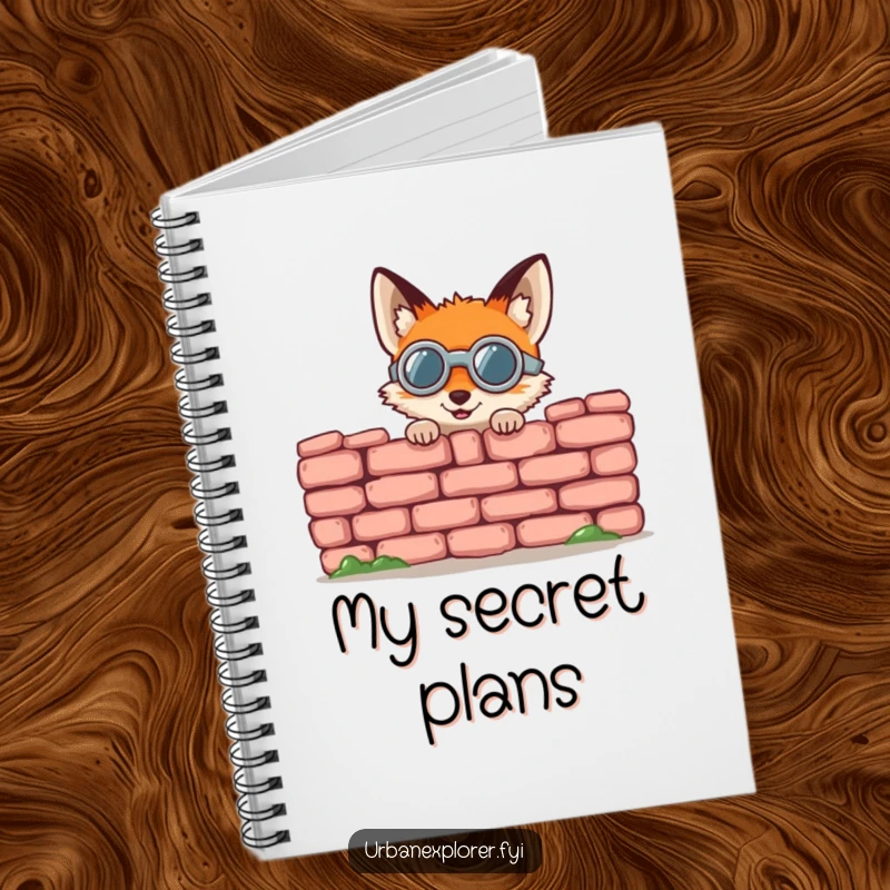 Funny fox notebook, a round fox in goggles gleefully peeking from behind a crumbling brick wall, a journal for notes.