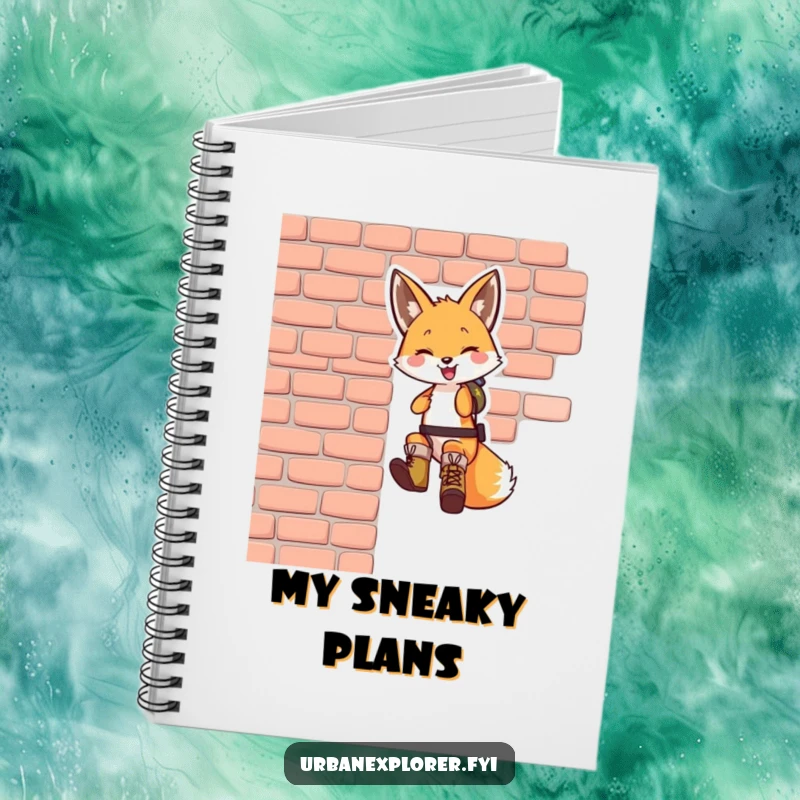 Funny fox notebook: a smiling fox in tiny boots rappelling down a brick wall, designed for planning daring adventures and creative ideas.