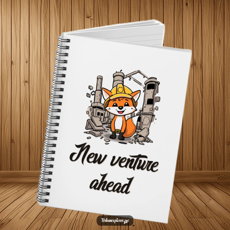 Funny fox wearing a hard hat writes in a notebook while exploring a dilapidated factory, a humorous scene.