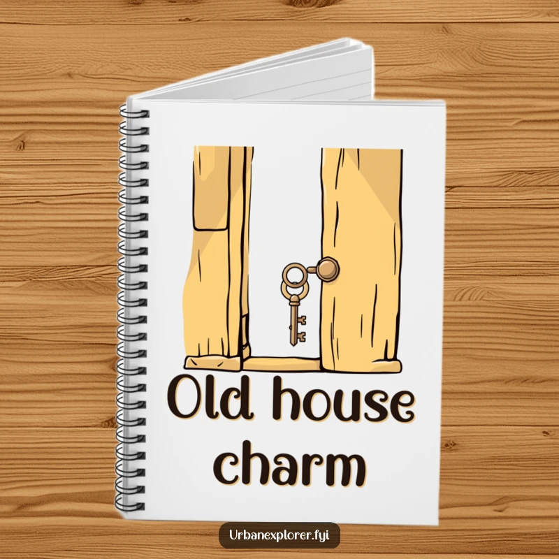 Funny whimsical key and an old, creaky door on a notebook, inviting users to unlock their thoughts with creative humor.