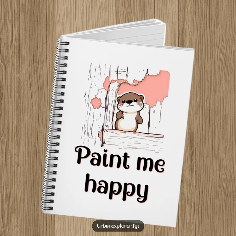 Funny Otter Notebook: A cute cartoon otter with a sketchbook, documenting peeling paint on a vintage structure, encouraging creative humor.