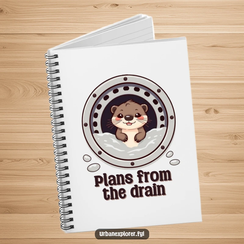 Funny otter with a wide grin, peeking from a sewer grate, on a notebook cover.