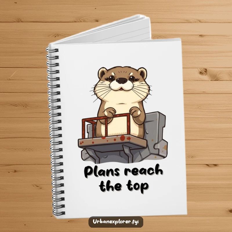 Funny determined otter scaling a rusty fire escape, on the cover of a goal-oriented notebook.