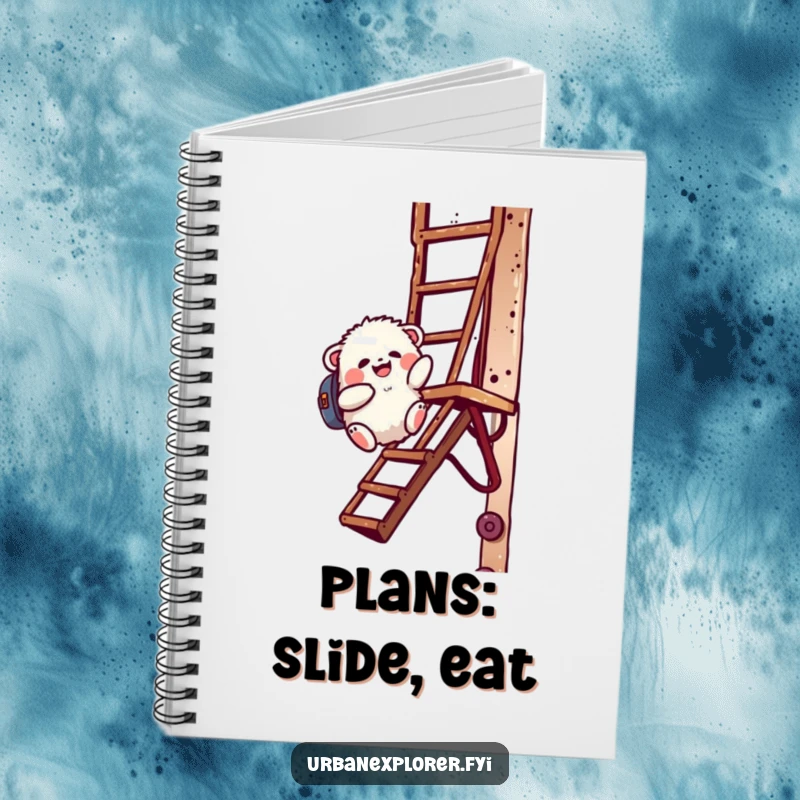 Funny fluffy creature with a backpack sliding down a rusty fire escape, featured on the cover of a notebook.