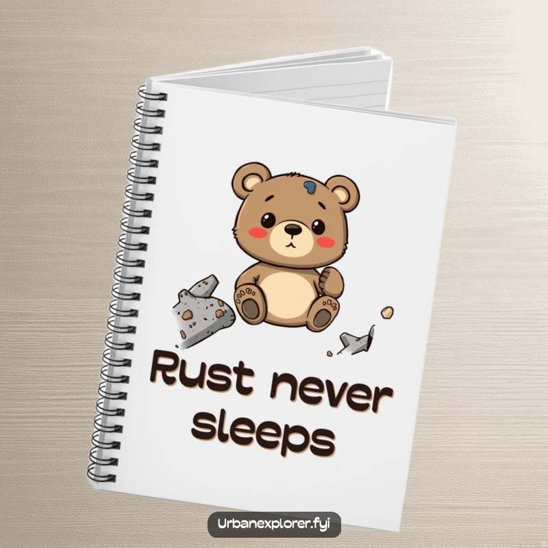 Funny Bear Notebook: A whimsical cartoon bear with a notebook, appreciating the textures of industrial decay, inspiring creativity.