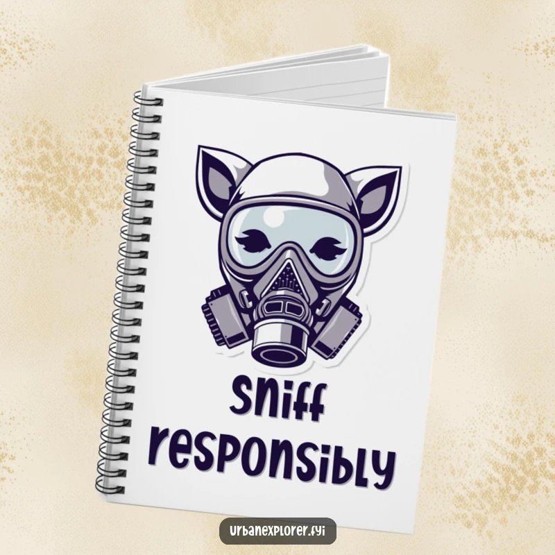 Funny gas mask notebook, cute animal ears, stylized journal, humorous stationery, gift for creative person.