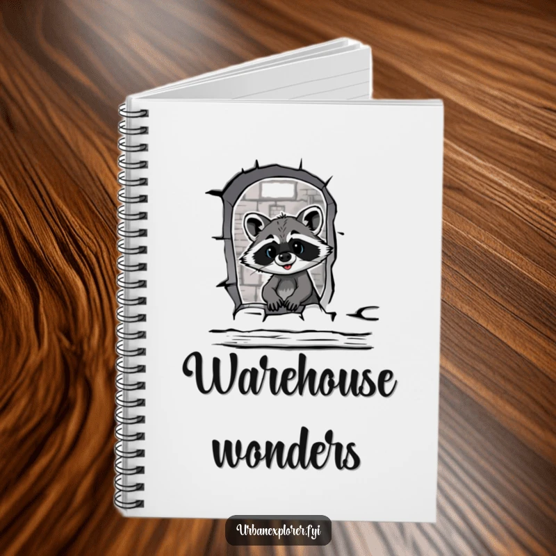 Funny raccoon peeking through a broken warehouse window, writing in a notebook, a humorous scene.