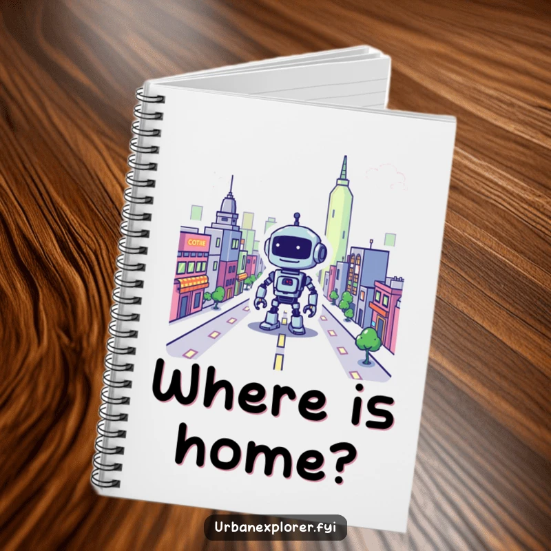 Funny robot notebook, pixelated city, lost bot, humorous stationery, gift for gamer.