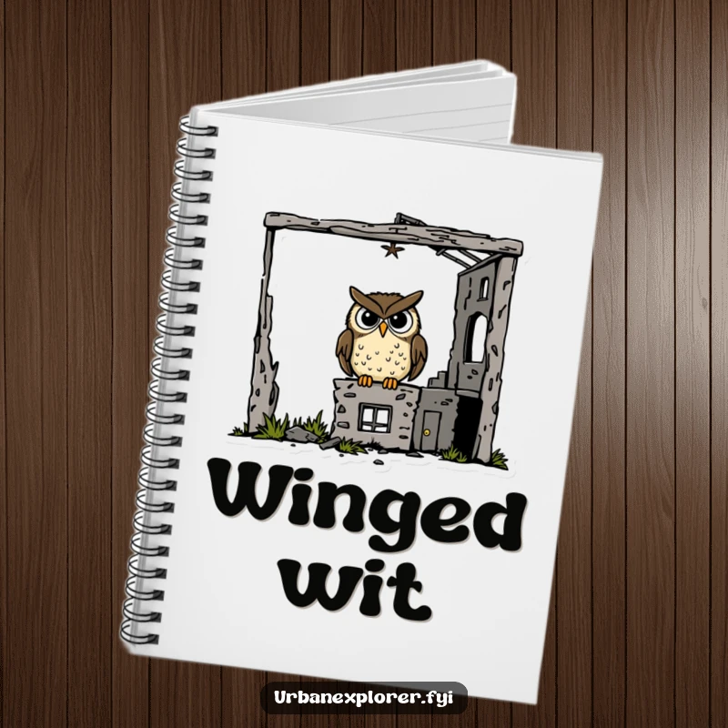 Funny goofy owl inside a derelict building on a notebook, perfect for capturing creative thoughts with whimsical humor.
