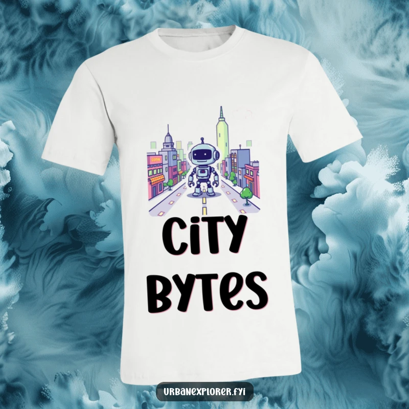 Funny robot t-shirt, pixelated city, lost bot, vintage gamer apparel, humorous gift for techie.