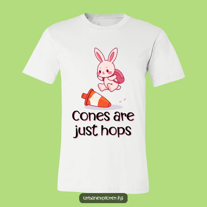 Funny Pink Bunny Traffic Cone Jump T-Shirt - Energetic Hare Tee