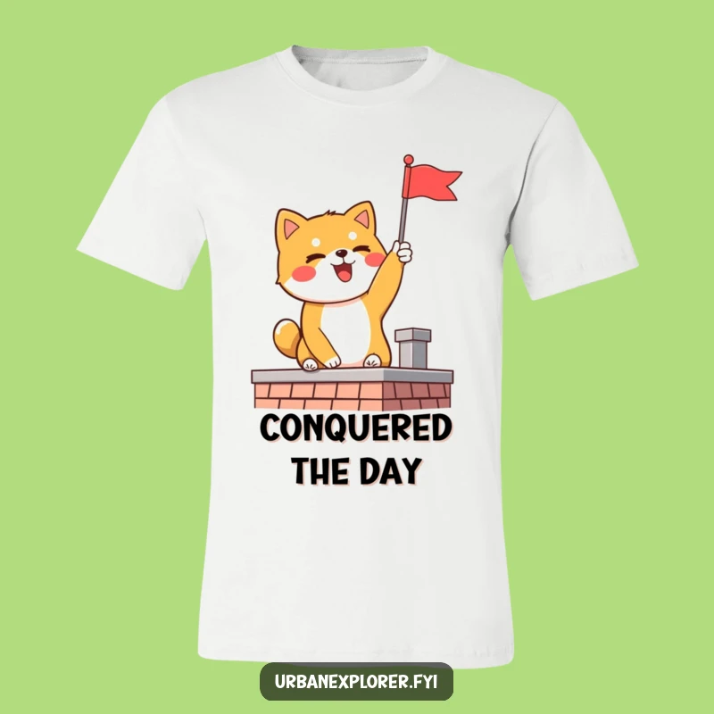 Funny Shiba Inu Flag T-Shirt: Delighted Dog's Rooftop Victory, Great Funny Gift for Achievers