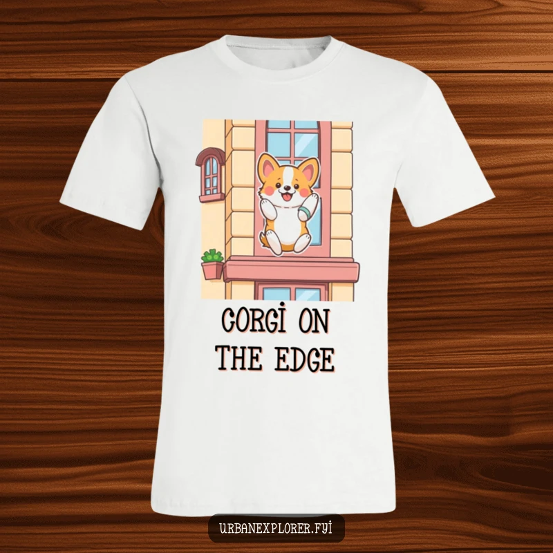 Funny corgi t-shirt, a fluffy corgi enthusiastically rappelling down a stylized building facade, a daring dog.