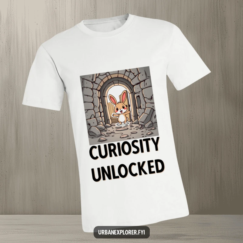 Funny Rabbit T-Shirt: A silly cartoon rabbit discovering a secret doorway half-hidden in the architecture of an abandoned city, with a smile.