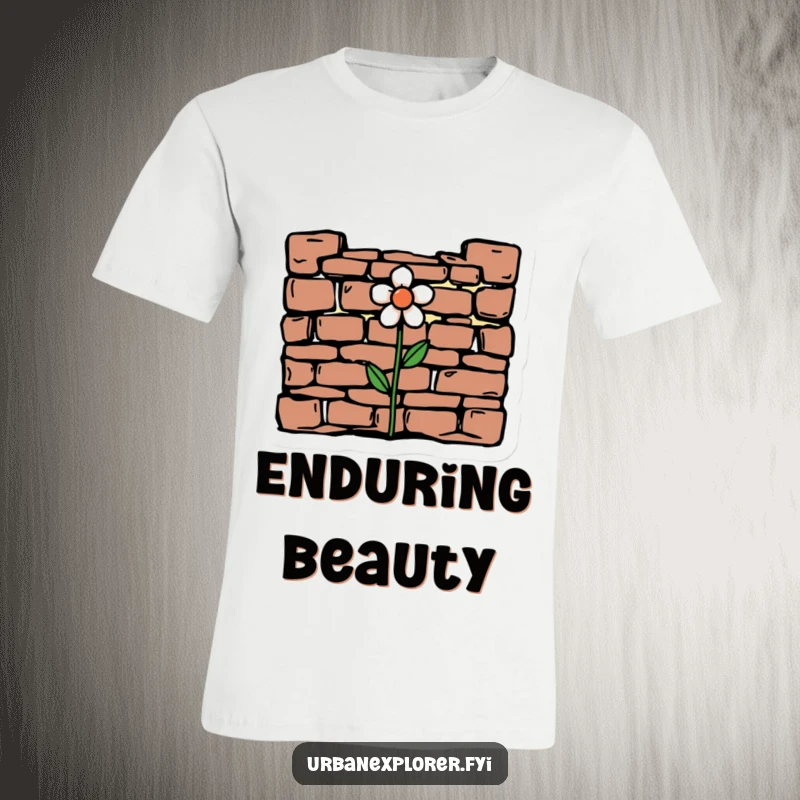 Funny minimalist drawing of a resilient flower emerging from crumbling brickwork on a t-shirt, symbolizing hope.