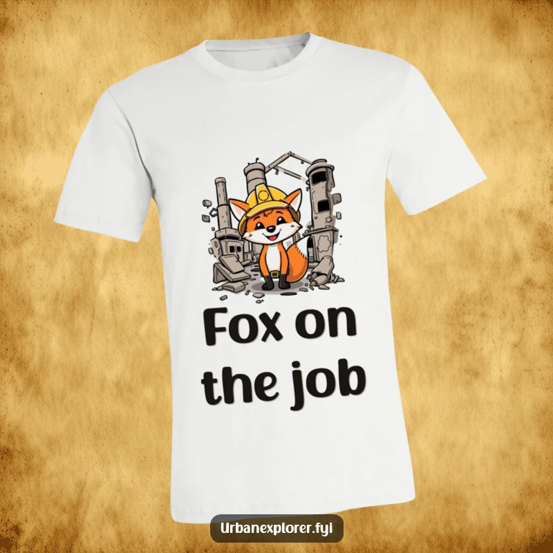 Funny cartoon fox in a hard hat exploring a damaged factory, wearing a humorous construction worker t-shirt.