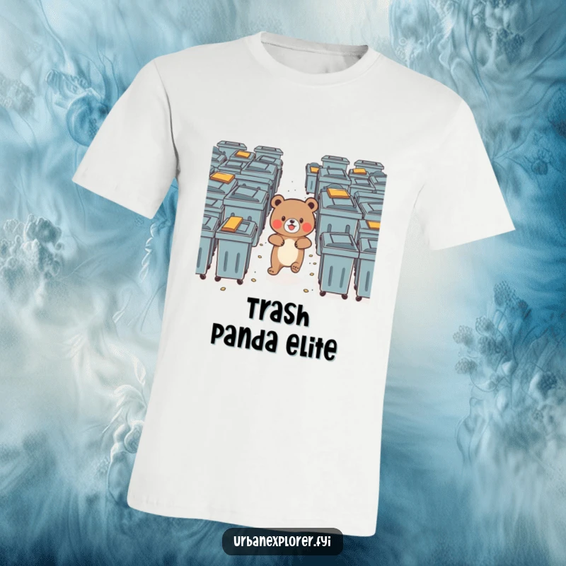Funny bear bravely navigating a maze of dumpsters with delight, printed on a t-shirt.