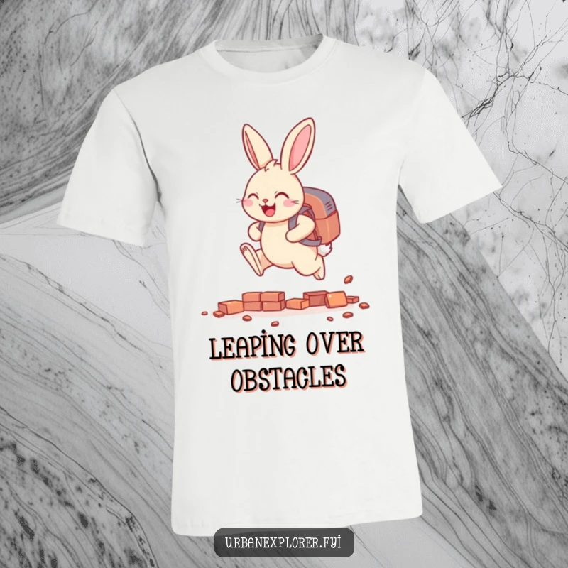 Funny smiling bunny with a backpack, energetically leaping over tiny scattered bricks, a humorous and uplifting t-shirt.