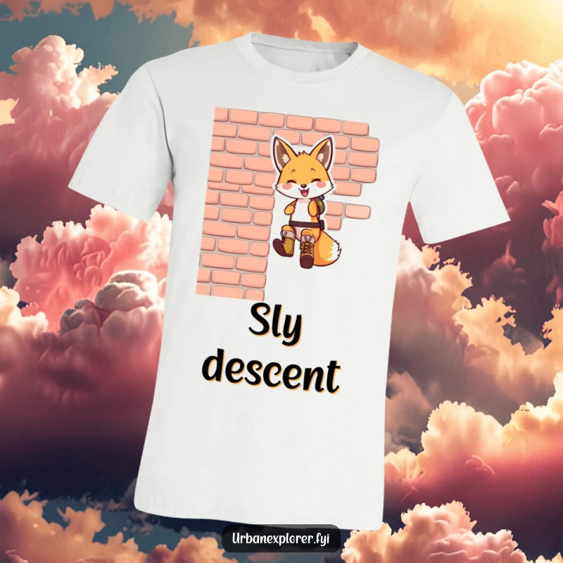 Funny fox t-shirt: a smiling fox in tiny boots courageously rappelling down a brick wall, depicting daring and playful escapades.