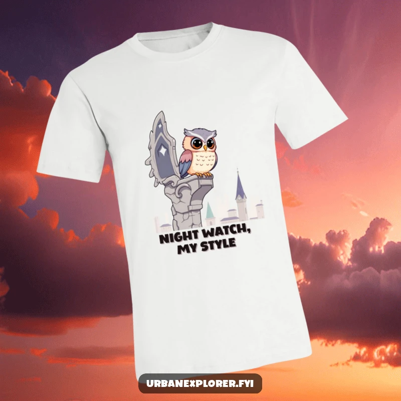 Funny Kawaii Owl T-Shirt: A kawaii owl perched on a crumbling gargoyle surveys the city, embodying watchful humor.