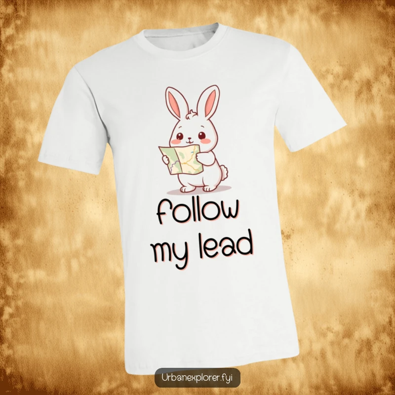 Funny Kawaii rabbit t-shirt featuring an energetic little rabbit holding a map and pointing excitedly towards the future.