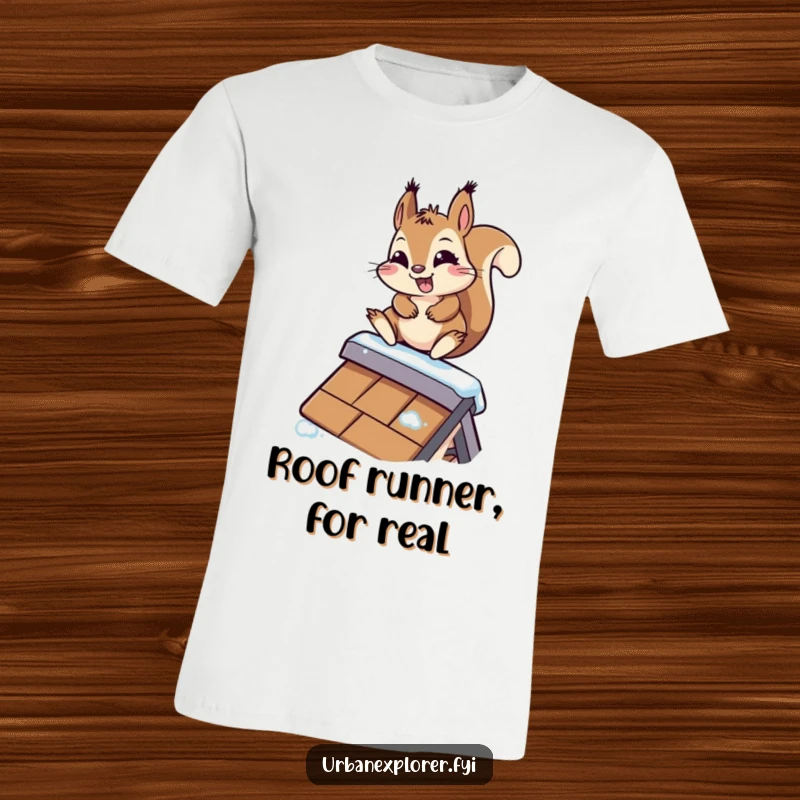 Funny Kawaii Squirrel T-Shirt: A cute squirrel grins determinedly while sliding down a slippery rooftop, capturing thrilling action.