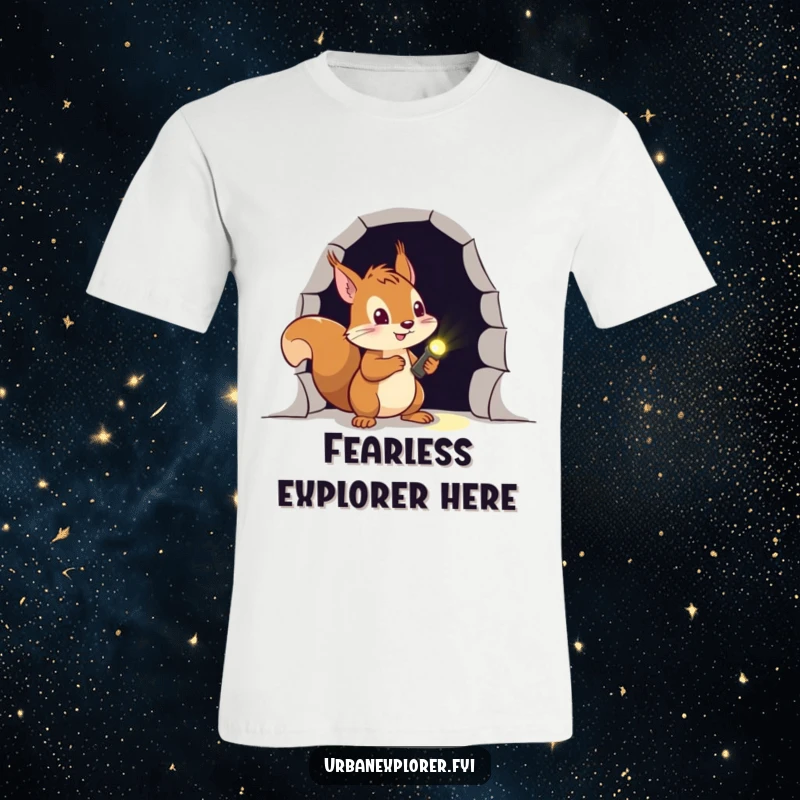 Funny squirrel t-shirt depicting a brave explorer with a flashlight, venturing into the unknown with a determined grin.
