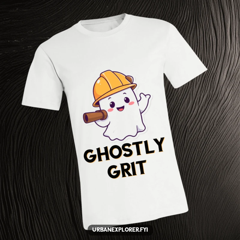 Funny ghost t-shirt, hard hat explorer, smiling spirit, cartoon apparel, humorous gift for construction worker.