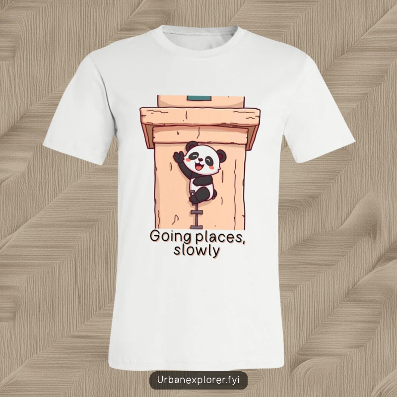 Funny kawaii t-shirt showcasing a panda joyfully scaling a weathered building, embodying strength and a positive attitude.