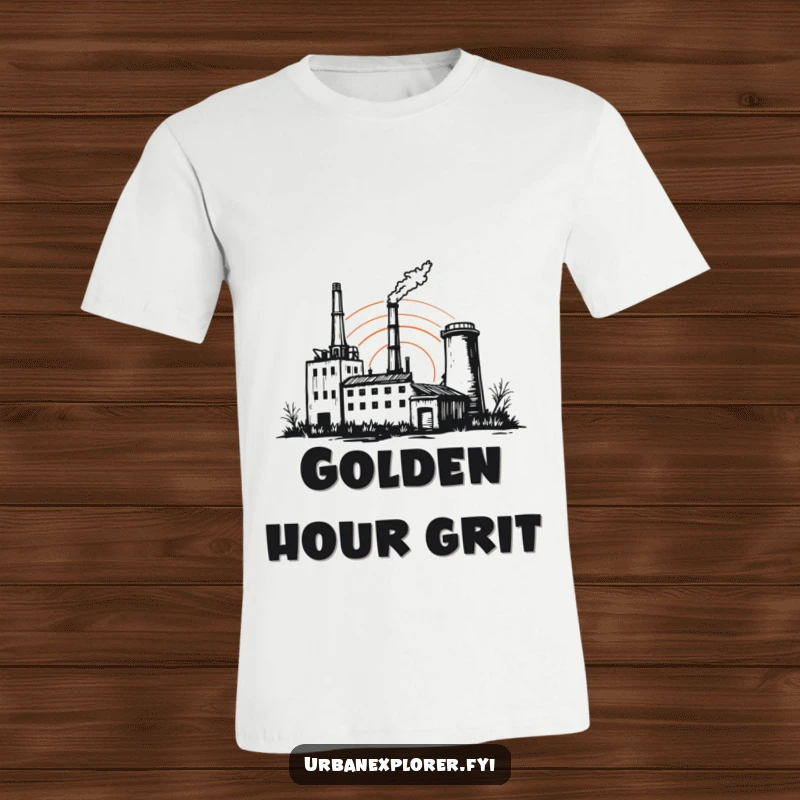 Funny factory t-shirt, abandoned sunset, sketchy outline, urban explorer apparel, humorous gift unisex.
