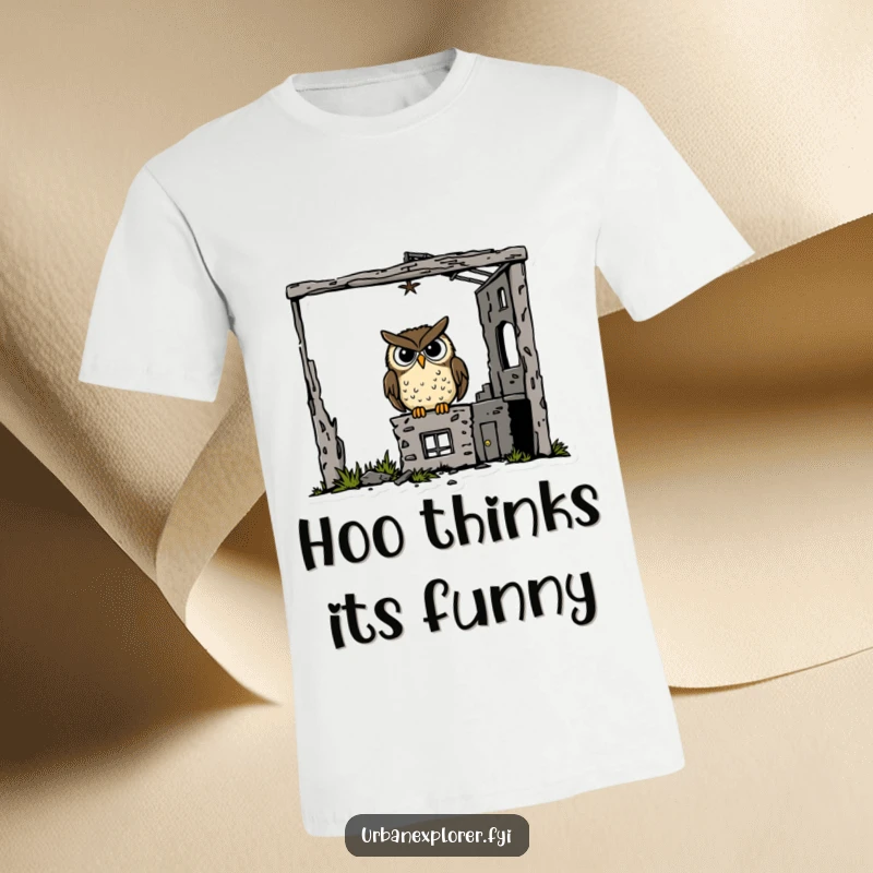 Funny goofy owl sitting inside a crumbling building on a t-shirt, capturing eccentric humor and personality.