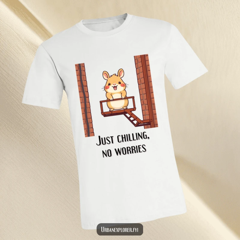 Funny t-shirt showcasing a happy capybara character confidently balancing on a rusty fire escape, ready for adventure.