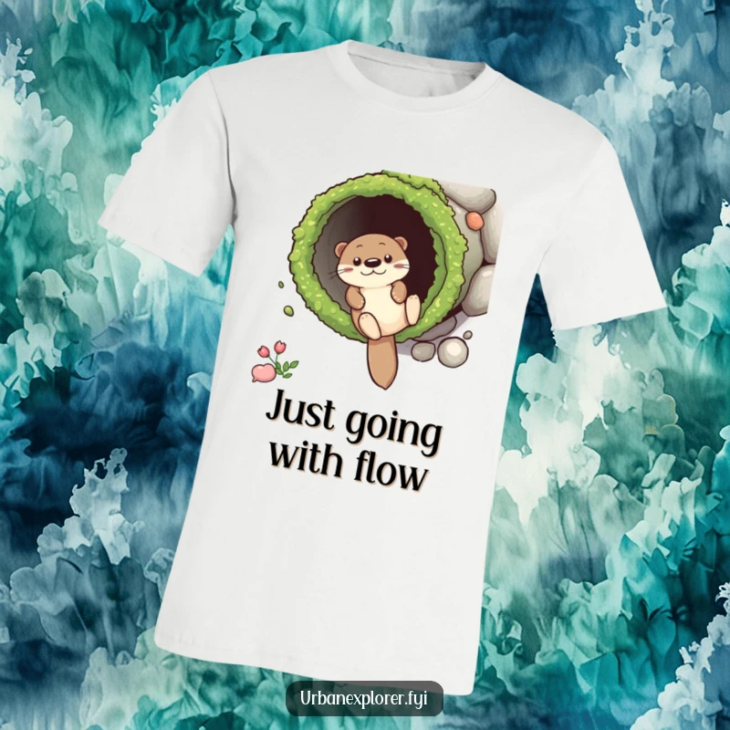 Funny T-Shirt showcasing a dynamic otter character mid-slide down a textured, mossy drainpipe, embodying playful mischief and outdoor fun.