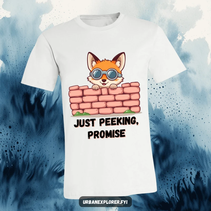 Funny fox t-shirt, a round fox in goggles gleefully peeking from behind a crumbling brick wall, a playful explorer.
